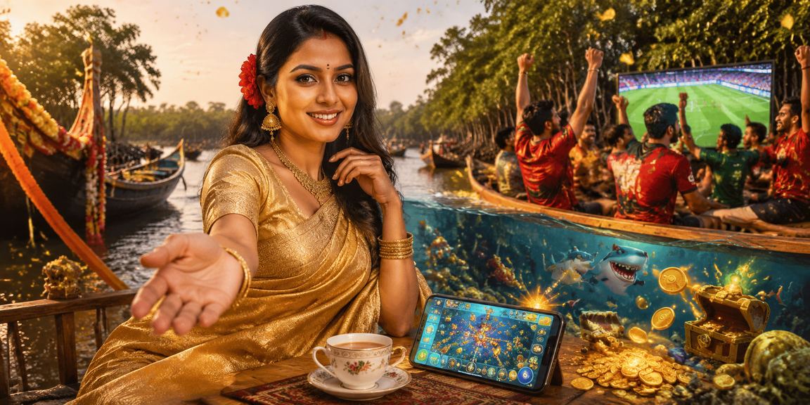 সুন্দরবনের পটভূমিতে শাড়ি পরিহিতা নারী মোবাইলে ctg 777 ভিআইপি গেম খেলছেন